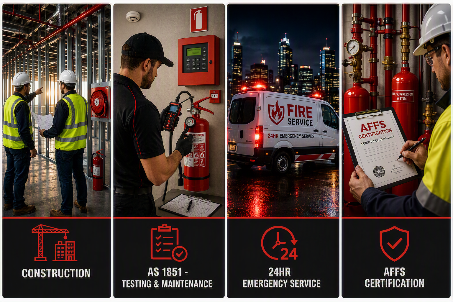 A collage showing construction workers in a building under construction, a technician testing fire alarm equipment, a fire service vehicle at night, and a person holding an AFSS certification document, with icons representing construction, testing and maintenance, emergency service, and certification.