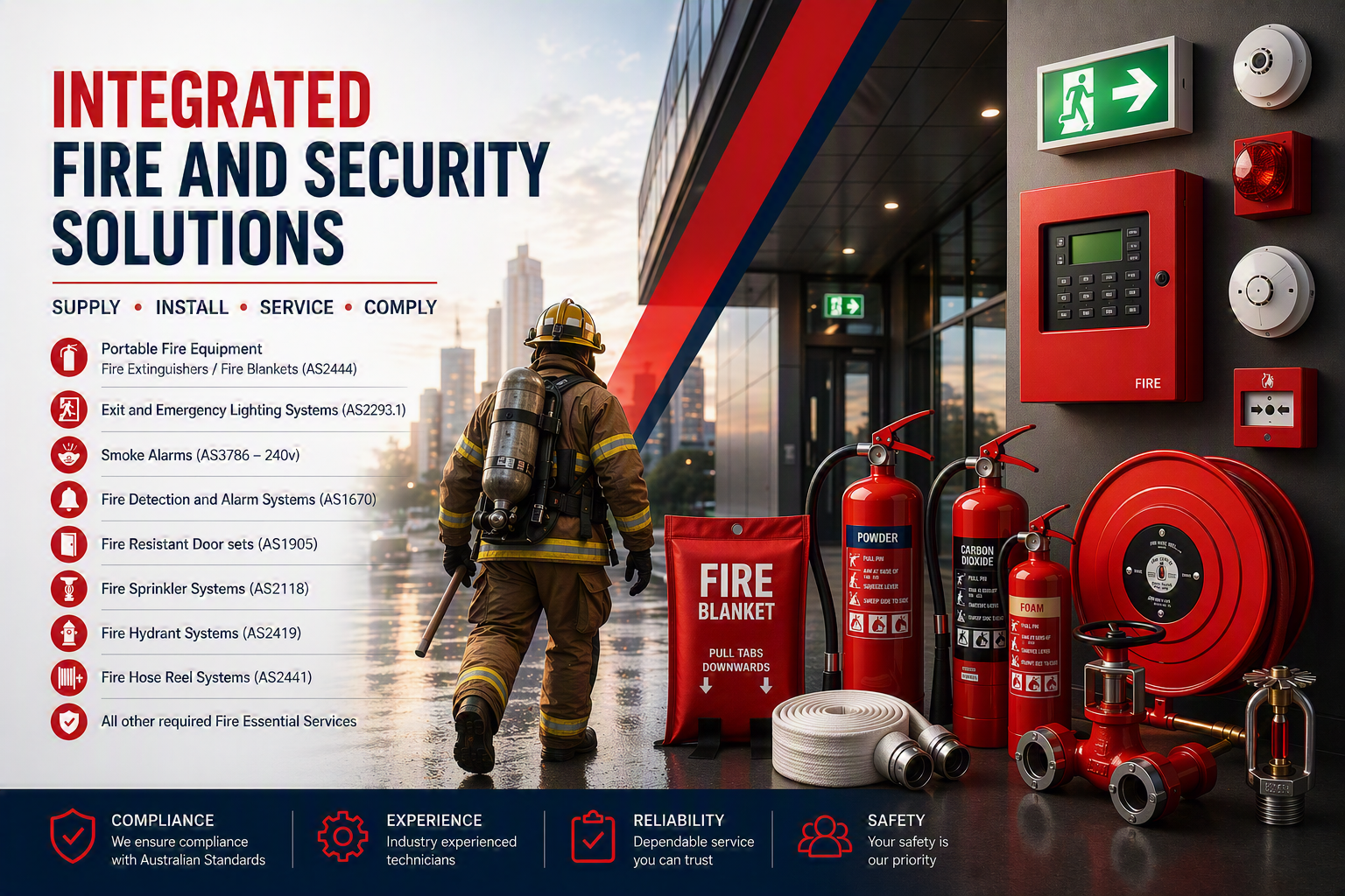 A firefighter walking toward a modern building with fire safety equipment on the wall, including fire extinguishers, alarm systems, and emergency exit signs, with promotional text about integrated fire and security solutions.