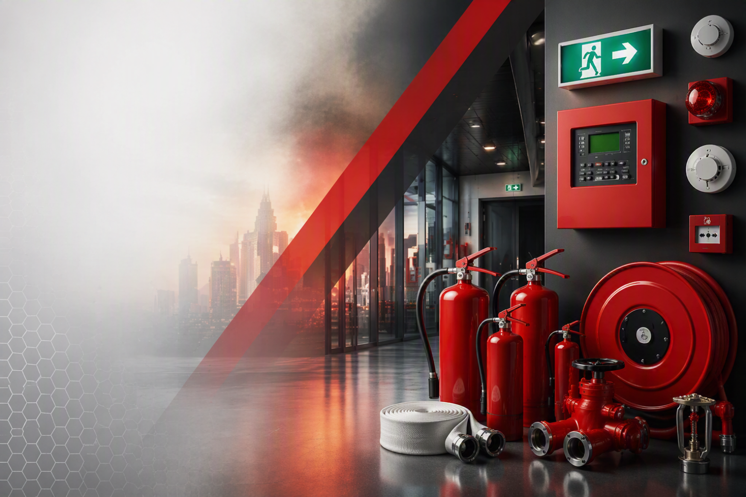 Fire safety equipment including fire extinguishers, hoses, nozzles, and a control panel on a wall in a modern building with cityscape view