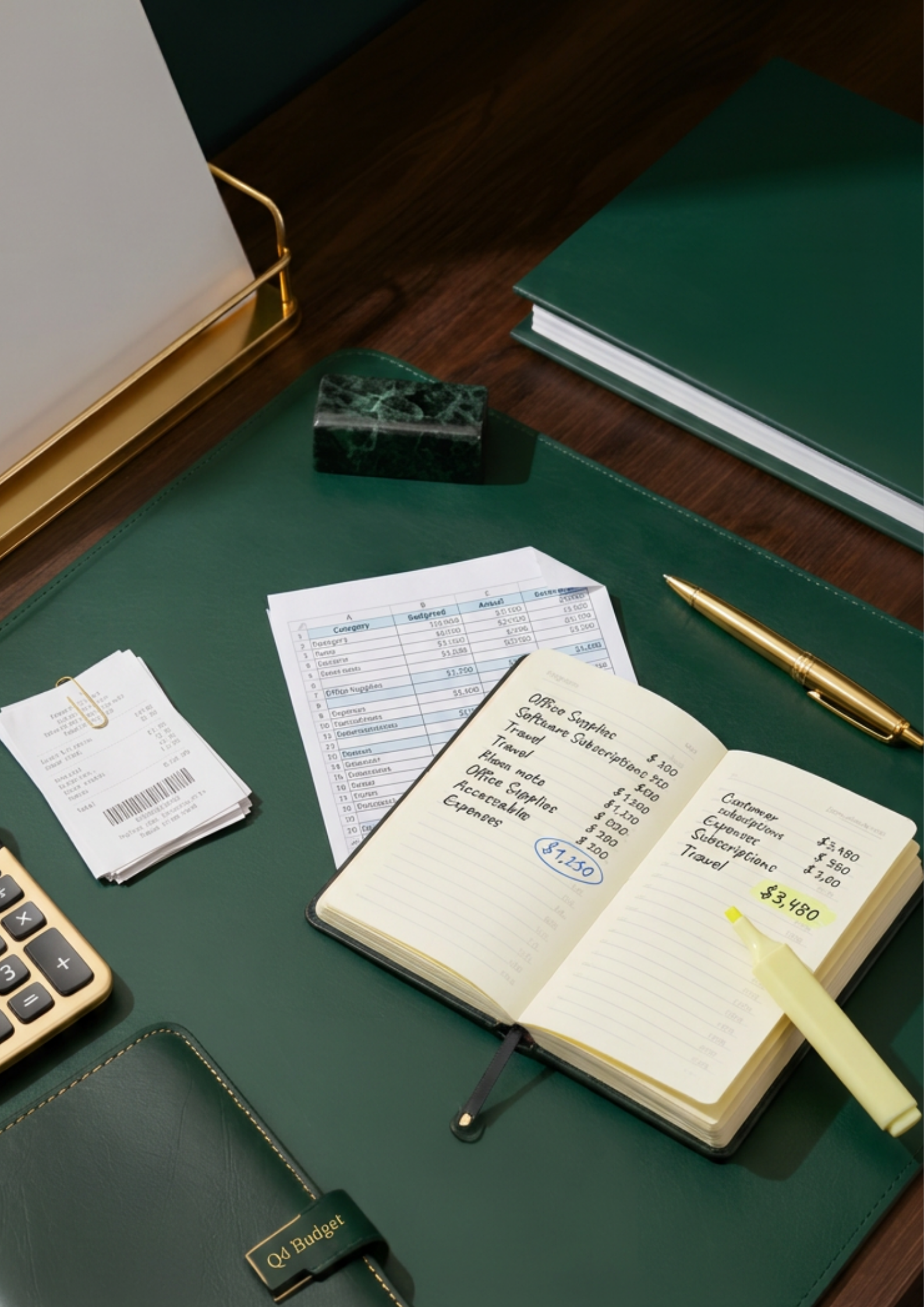 A cluttered office desk with green leather folders, a gold pen, a small green marble paperweight, a calculator, receipts, a printed spreadsheet, and a handwritten budget notebook.