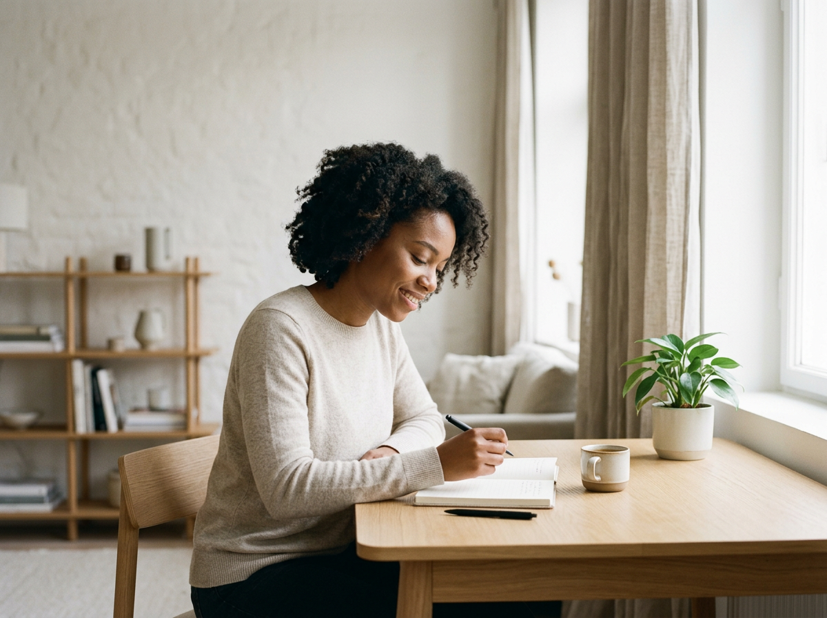 A woman with curly hair sitting at a wooden table, smiling, and writing in a notebook with a black pen. There is a potted plant and a coffee mug on the table, and a bookshelf with books and decorative items behind her in a bright room.