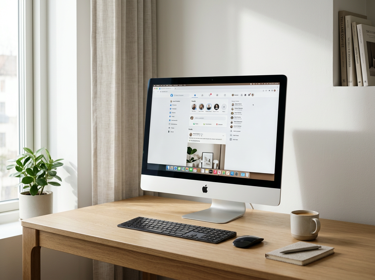 A desktop workspace featuring an Apple iMac computer on a wooden desk, with a wireless keyboard and mouse, a coffee mug, a closed notebook with a pen, a plant on the window sill, and a bookshelf with books on the wall.