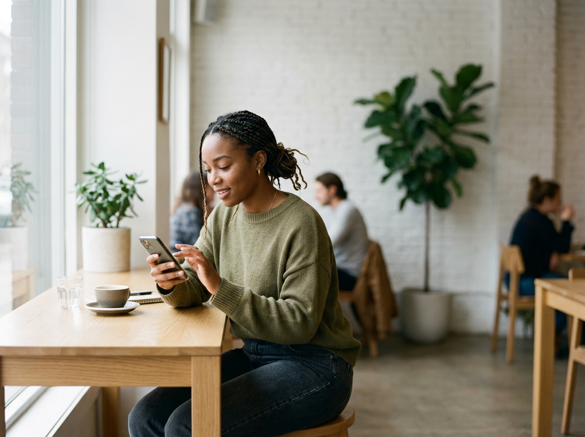 A woman with braided hair and a green sweater sits at a cafe table near a window, using her phone. On the table, there is a cup, a glass of water, and a notebook. In the background, two people are sitting at separate tables, and there are large potted plants against a white brick wall.