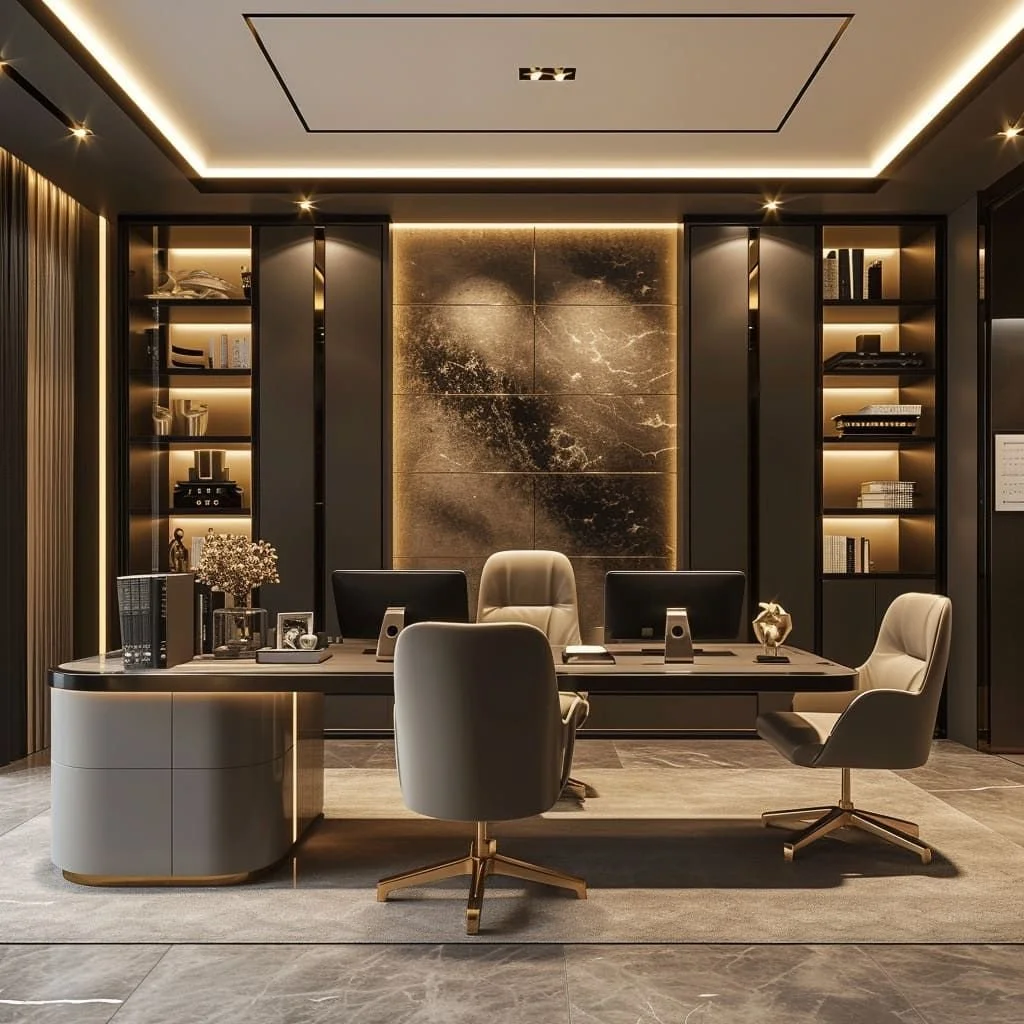 Modern luxury office with a large wooden desk, four executive chairs, built-in bookshelves, and a marble accent wall illuminated with warm backlighting.