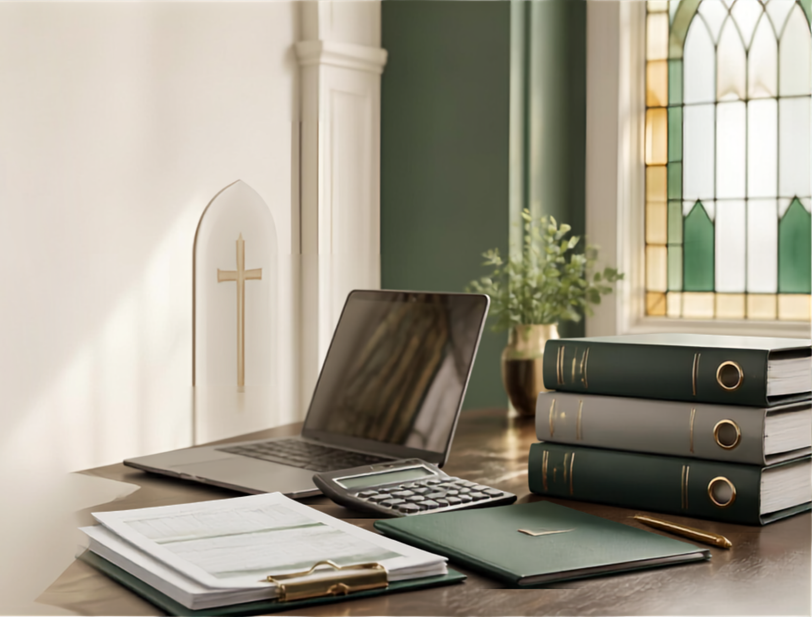 A neatly arranged office desk with a laptop, a calculator, medical books, a green binder, a notepad with a pen, and printed papers. In the background, a small wooden cross and a plant near a stained glass window are visible.
