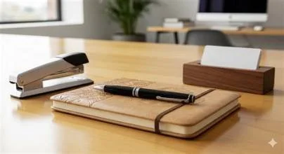 Office desk with a stapler, closed notebook, pen, and tissue box.