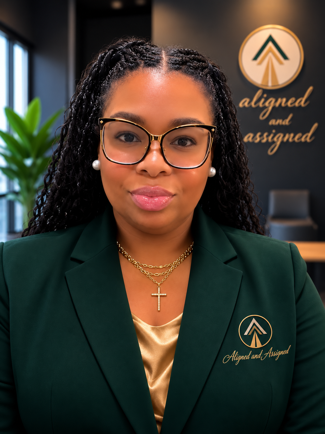 A woman with curly black hair, glasses, pearl earrings, and gold cross necklace, wearing a dark green blazer with a gold embroidered logo and text reading 'Aligned and Assigned,' sitting in an office environment.