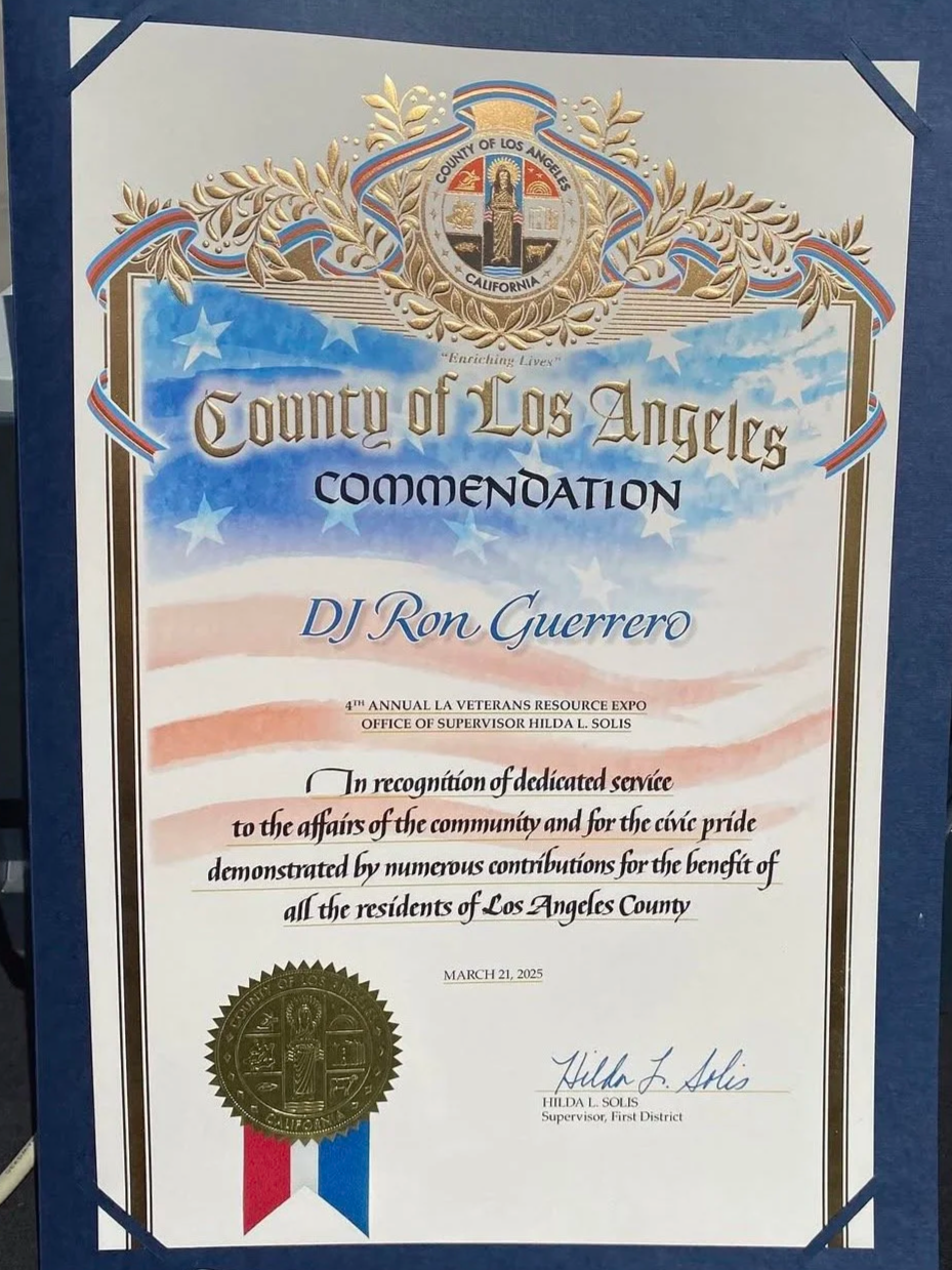 Certificate of commendation from Los Angeles County awarded to DJ Ron Guerrero, signed by Hilda L. Solis, dated March 21, 2025.