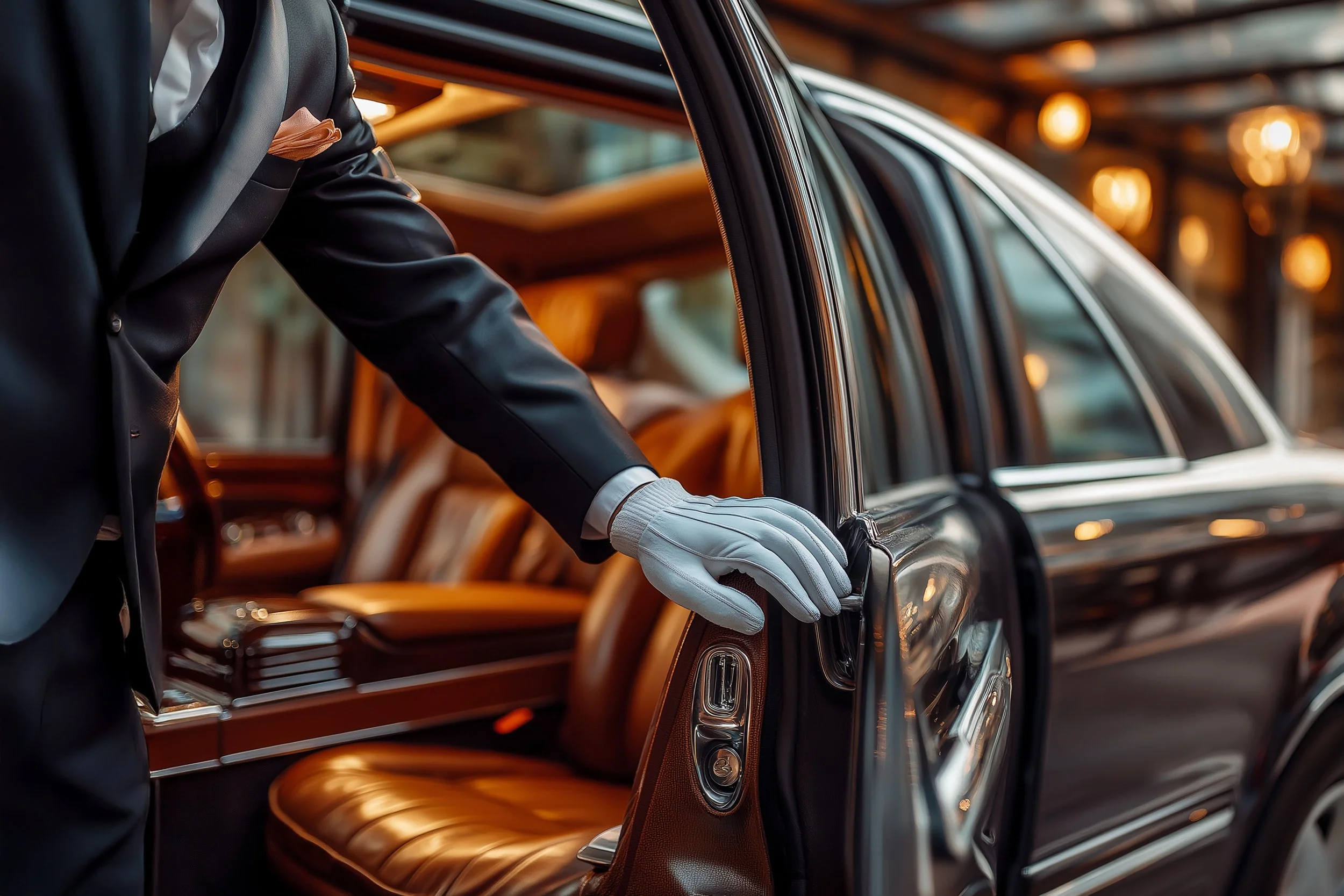 A person dressed in a black suit with a white shirt and gloves is opening the door of a luxury black car with brown leather seats inside.