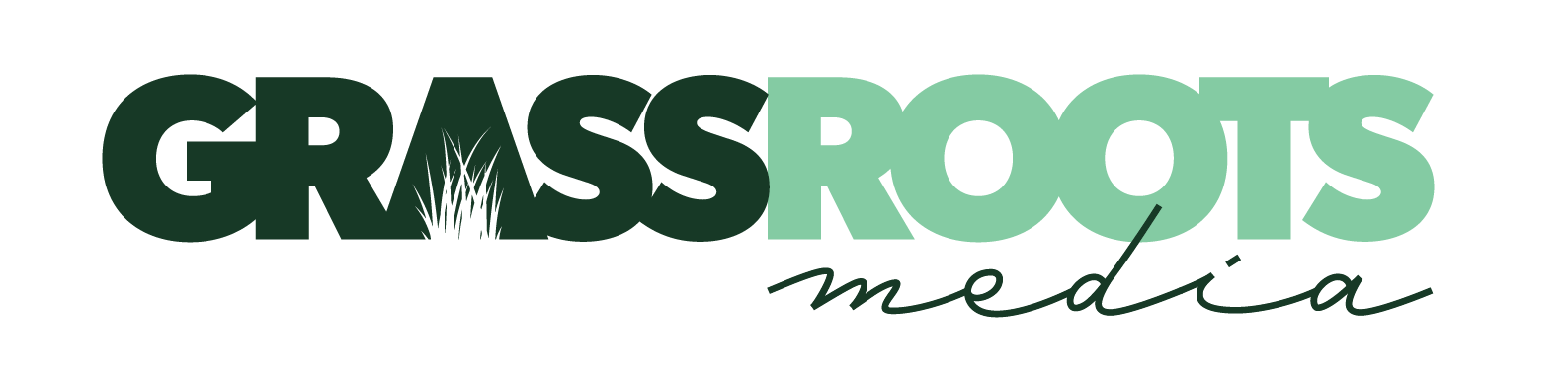Logo for Grassroots Media with stylized text and grass illustration.
