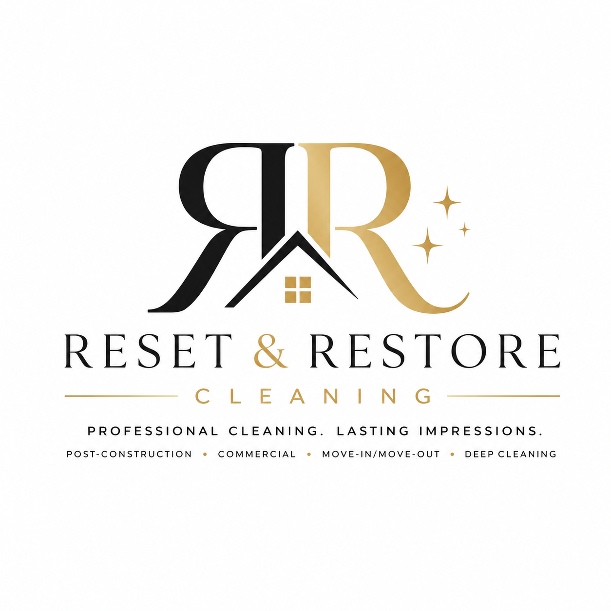 Logo for Reset & Restore Cleaning, featuring black and gold lettering with a house icon, sparkles, and tagline 'Professional cleaning. Lasting impressions.'