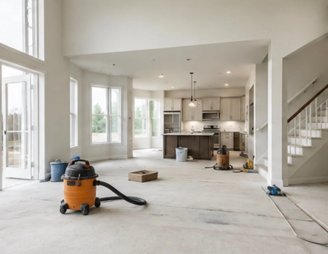 Empty living space with construction equipment, vacuum, and tools scattered on the floor, white walls, and large windows in a new or renovated house.