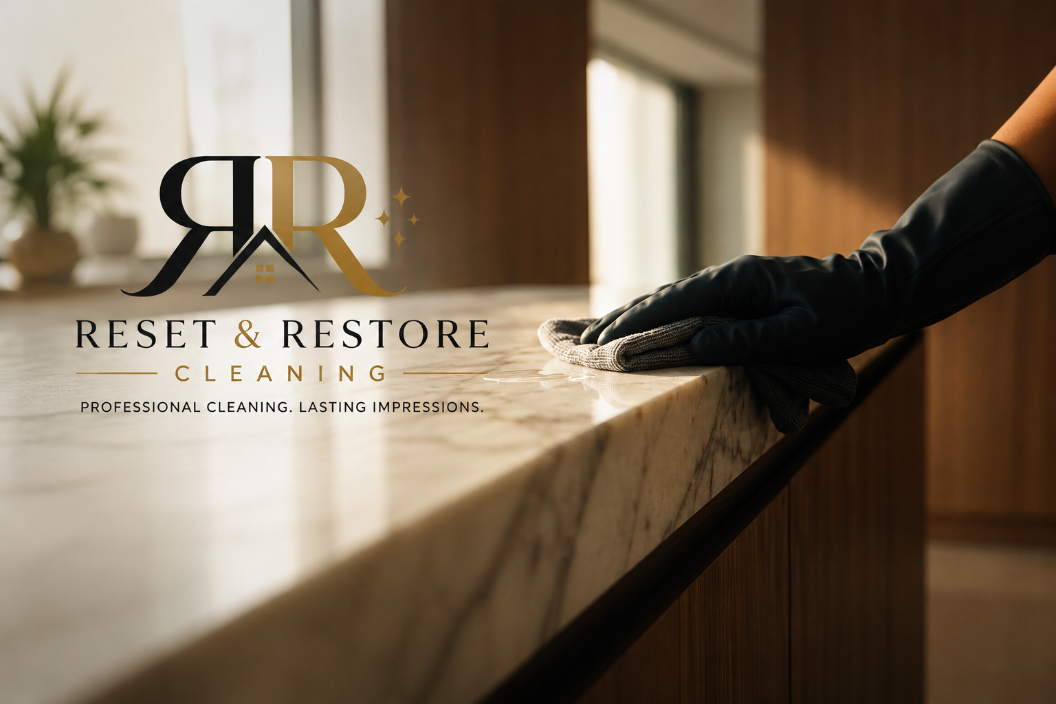A person wearing black gloves cleaning a marble countertop with a cloth, with a logo and text overlay for Reset & Restore Cleaning, a professional cleaning service.