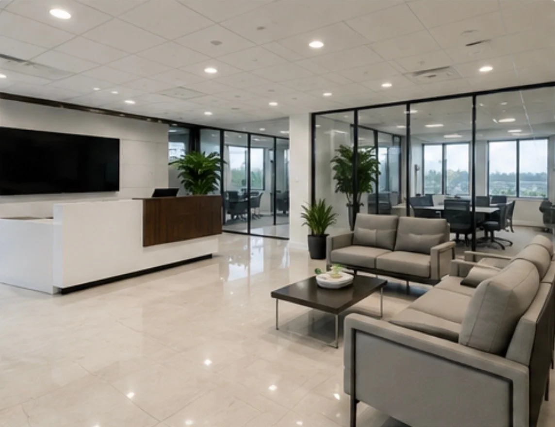 Modern office reception area with seating, large TV, glass-walled conference rooms, indoor plants, and windows with city view.