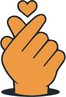 Cartoon of a brown hand making a finger heart gesture with a small heart above it