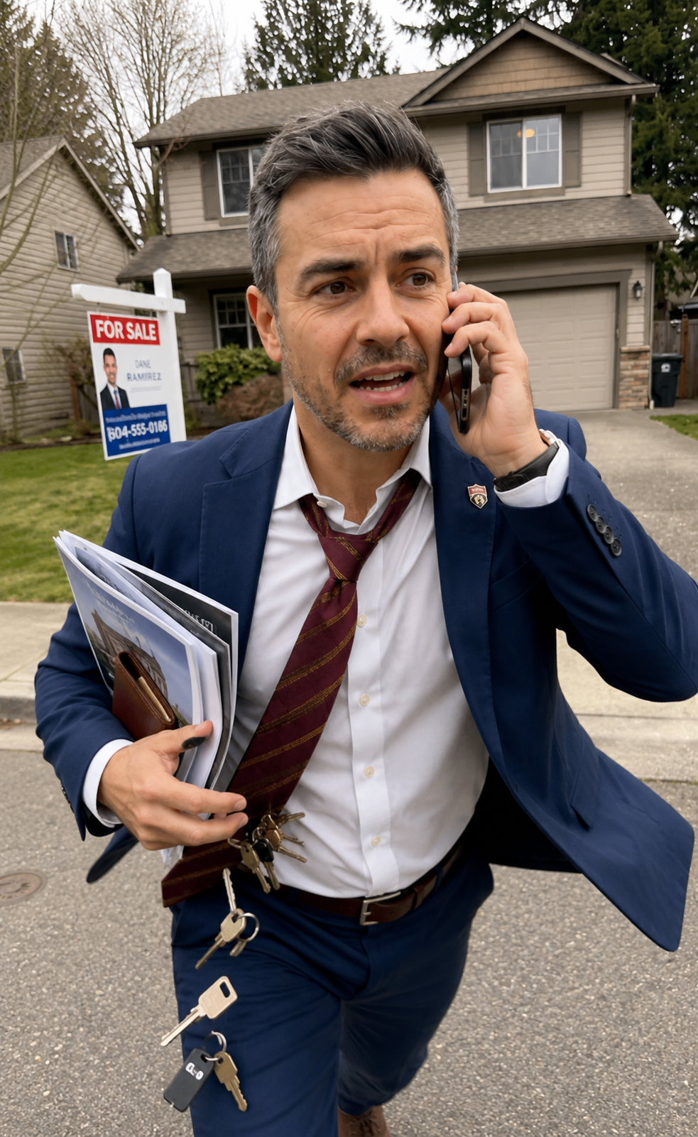A man dressed in business attire, holding paperwork and keys, talking on his phone on a suburban sidewalk. Behind him is a house with a 'For Sale' sign.