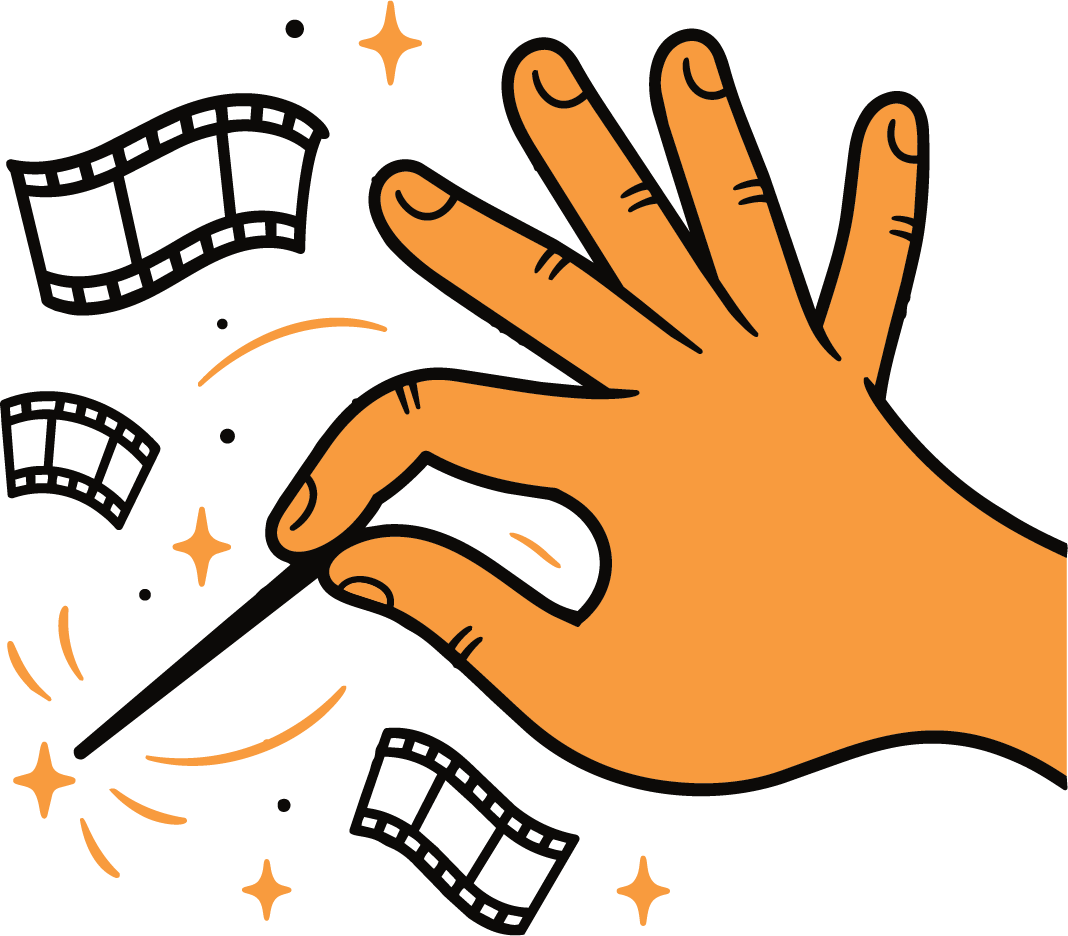 A cartoon illustration of a hand holding a magic wand with sparkles and film strip decorations in the background.