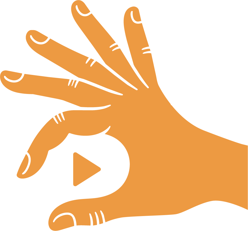 Illustration of a hand making an 'OK' gesture with the thumb and index finger touching, forming a circle, and the other three fingers extended, with a play icon centered within the circle formed by thumb and index finger.