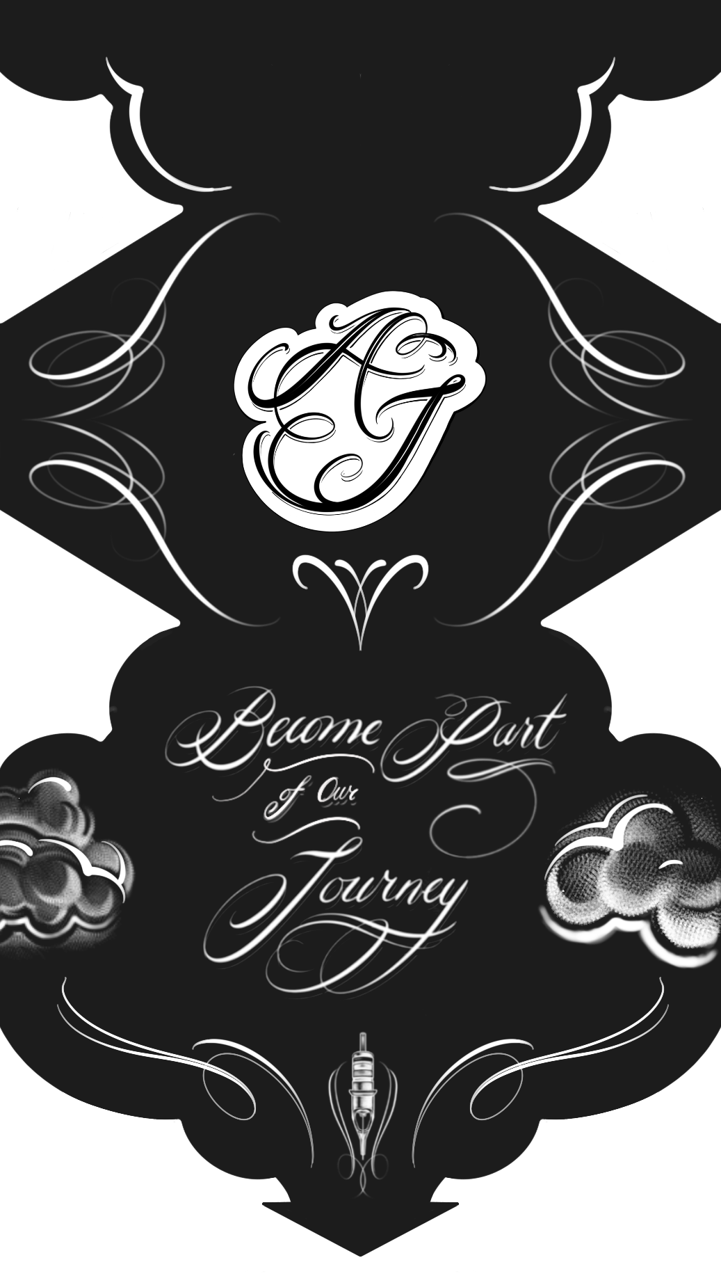 Black background with ornate white script and decorative elements. The central text reads 'AJ' in a stylized, cursive font.