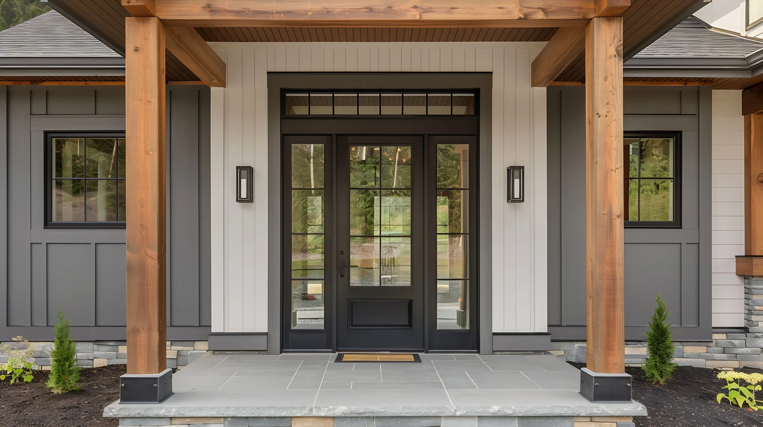 Front view of a modern house entrance with black door, sidelight windows, gray siding, and wooden support beams, greenery in the background.