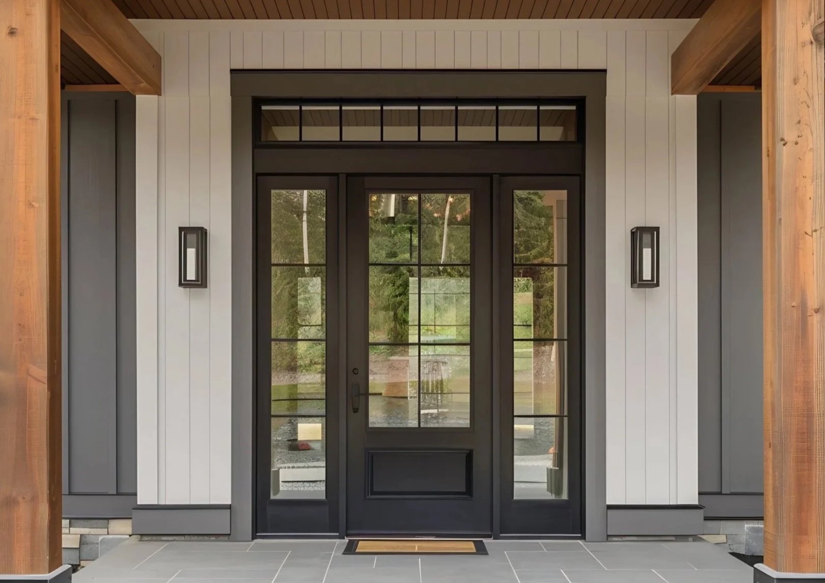 Front door of a modern house with black-framed glass door and sidelight windows, flanked by two wall-mounted lantern lights, surrounded by white vertical siding and wooden beams.
