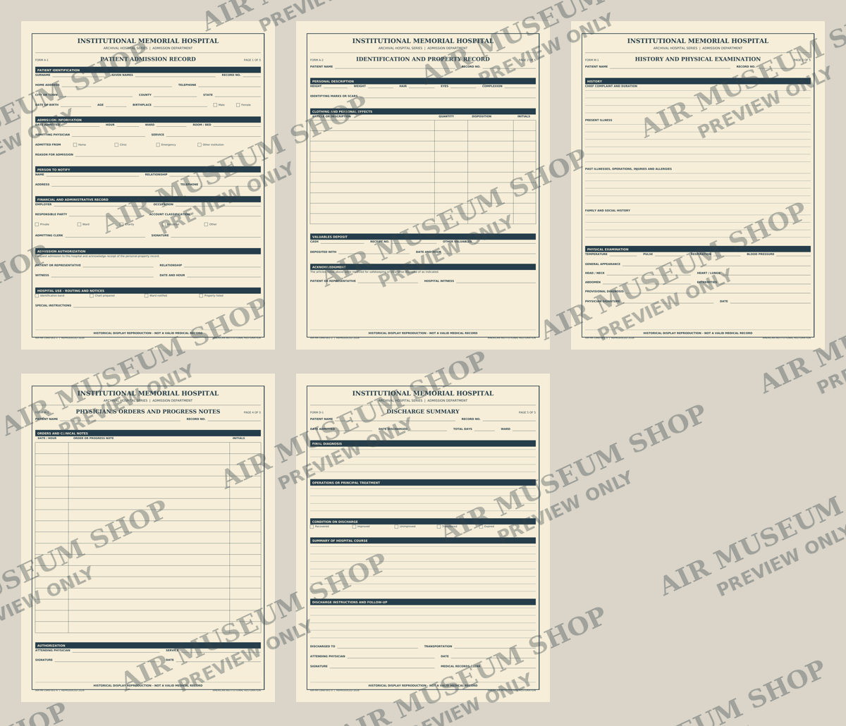 1940s Hospital Admission Record Packet — 5 Printable Patient Forms