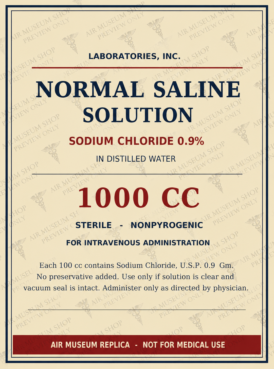 1940s Normal Saline IV Bottle Label — Historical Reproduction