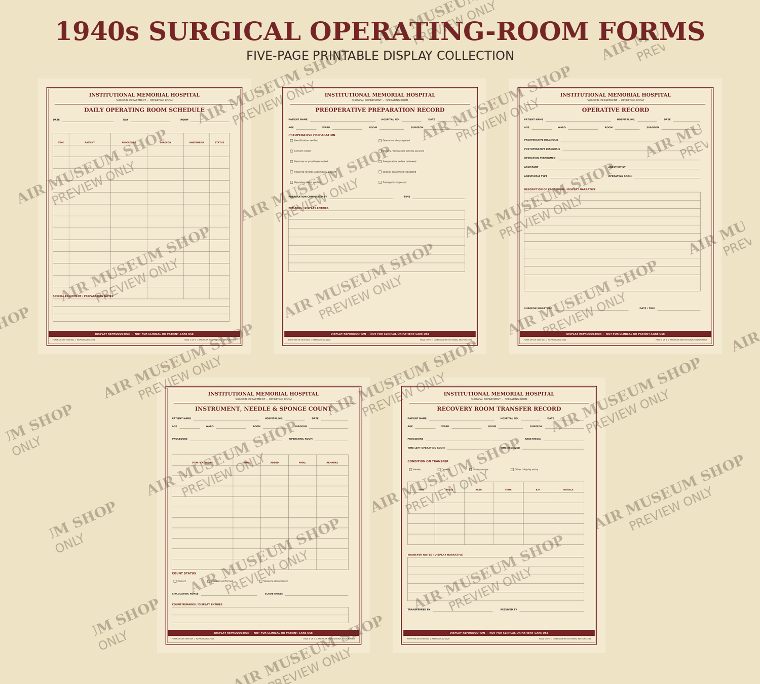 1940s Surgical Operating-Room Forms Collection — 5 Printable Hospital Records
