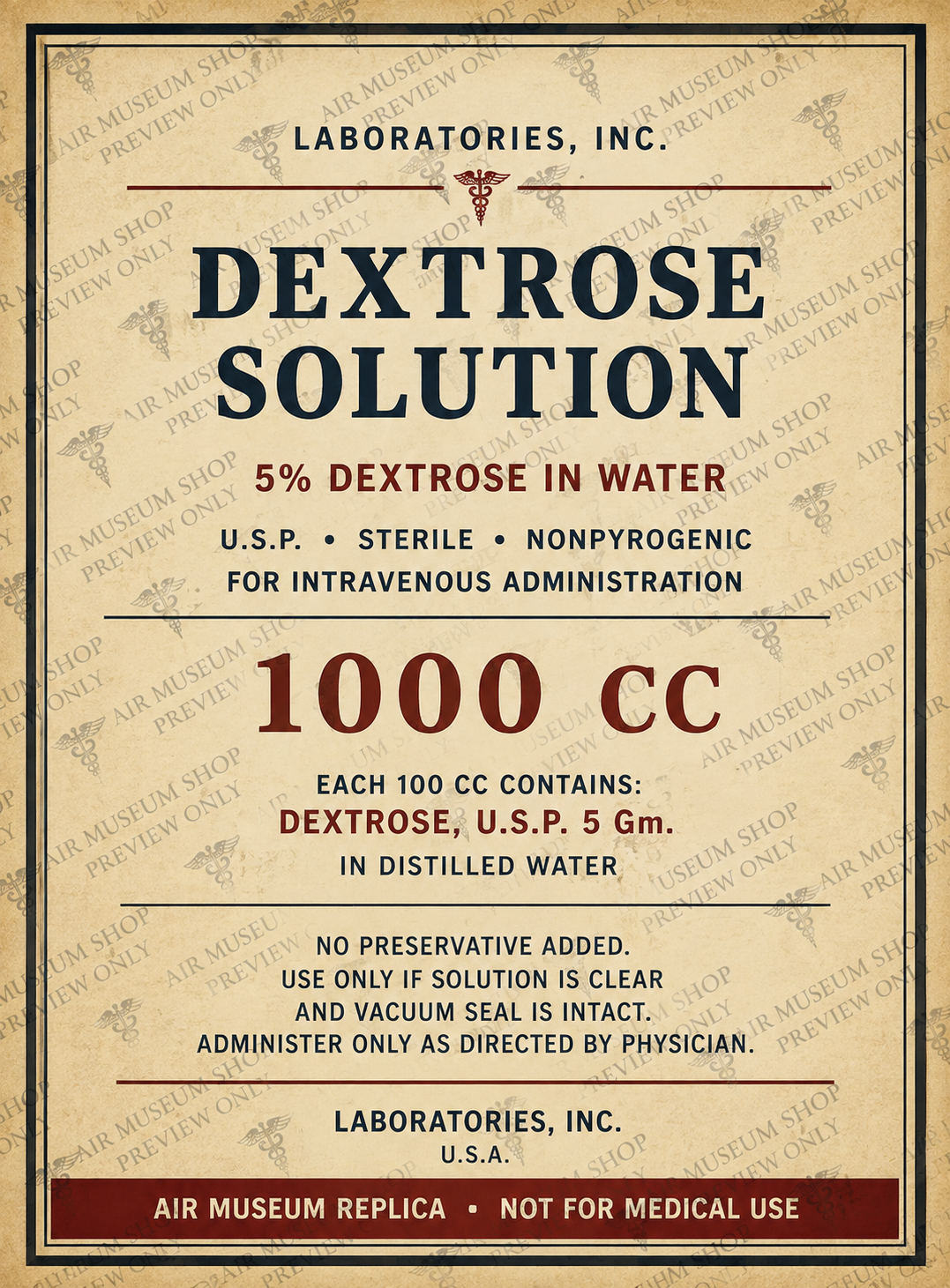 1940s 5% Dextrose Solution Bottle Label — Historical Reproduction