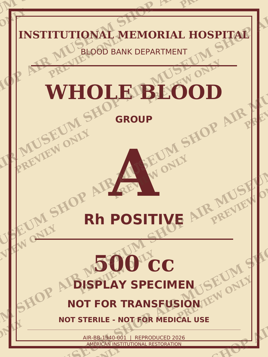 1940s Whole Blood Bottle Label Replica Collection — All 8 Blood Types