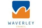Logo of Waverley Council featuring an orange wave and blue background