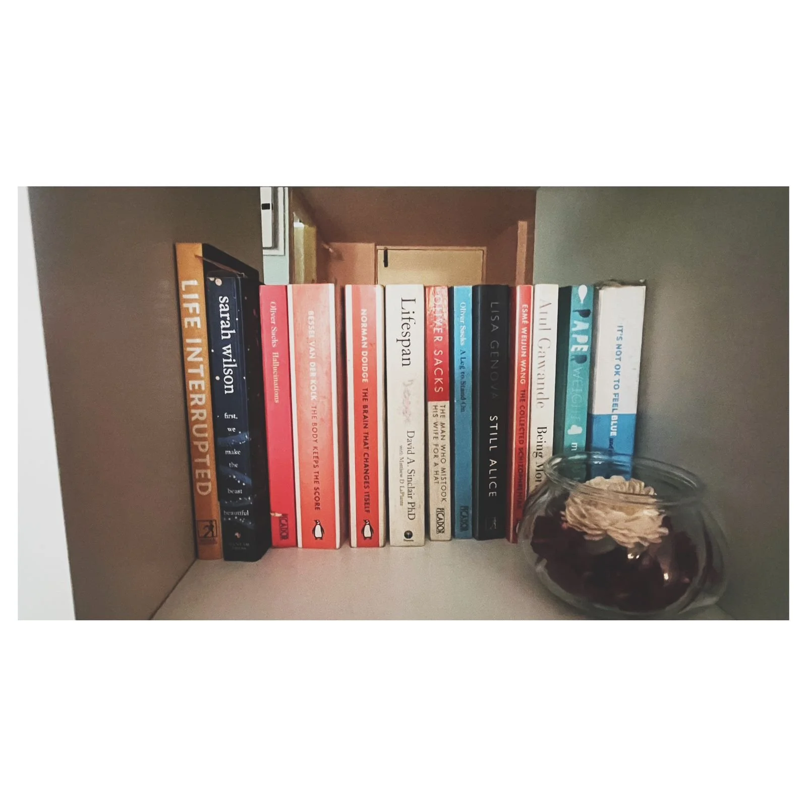 A bookshelf with several books and a glass jar filled with layered fabric or paper.