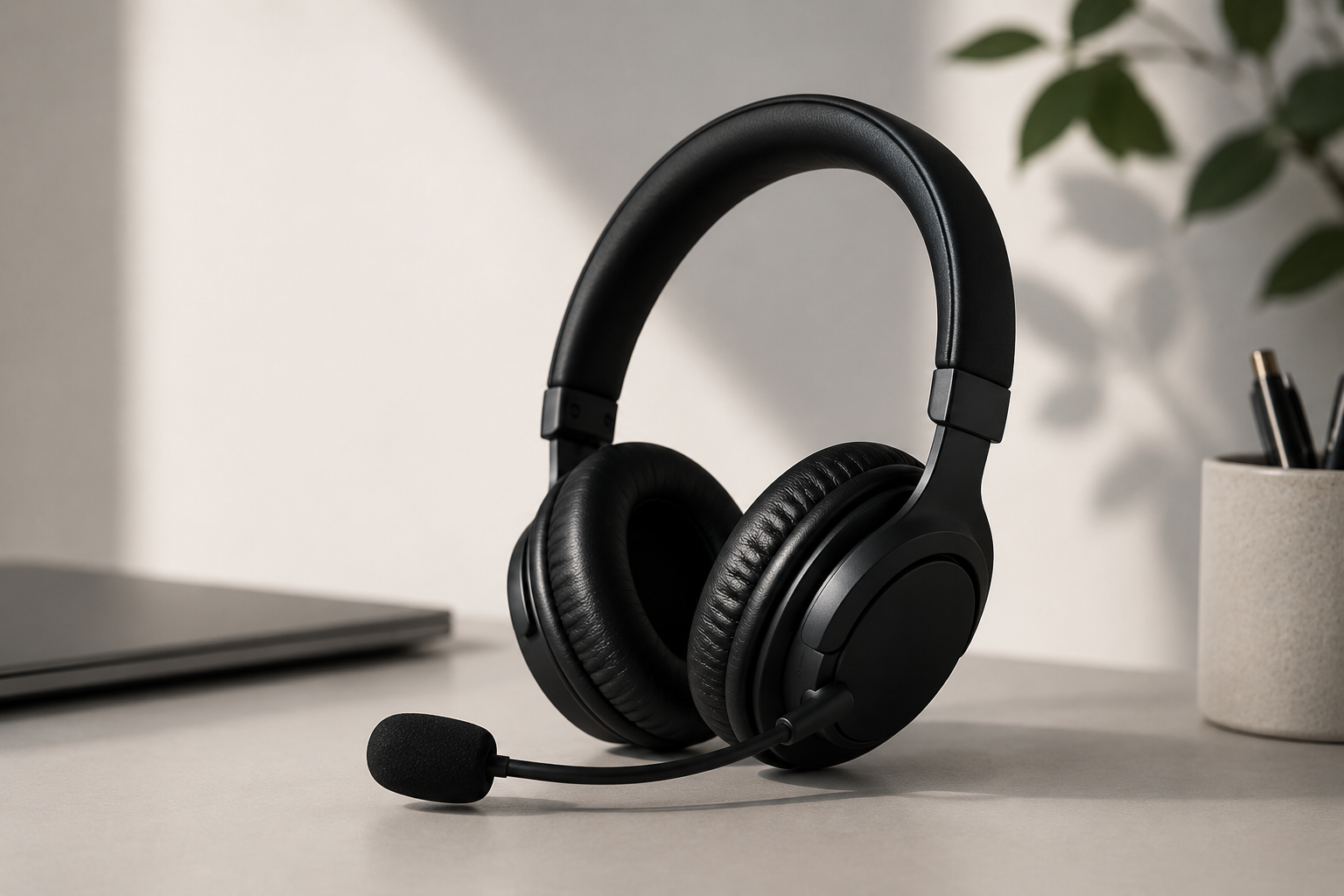 Black over-ear headphones with microphone resting on a white table, with a closed laptop, a white container with pens, and a green leafy plant in the background.