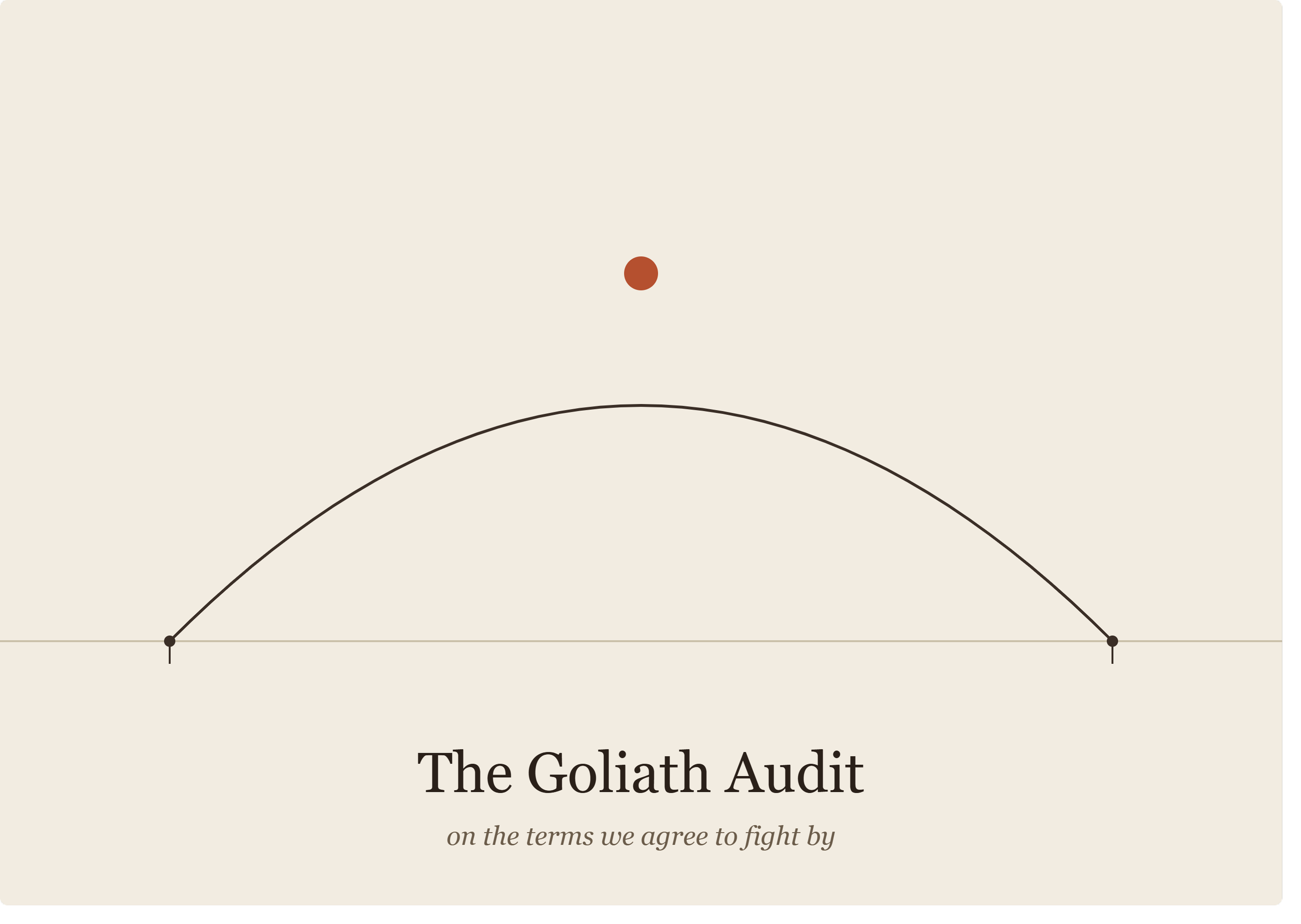 Cover illustration for the essay 'The Goliath Audit,' showing a stone arcing across a curved trajectory above a horizon line, on a warm cream background