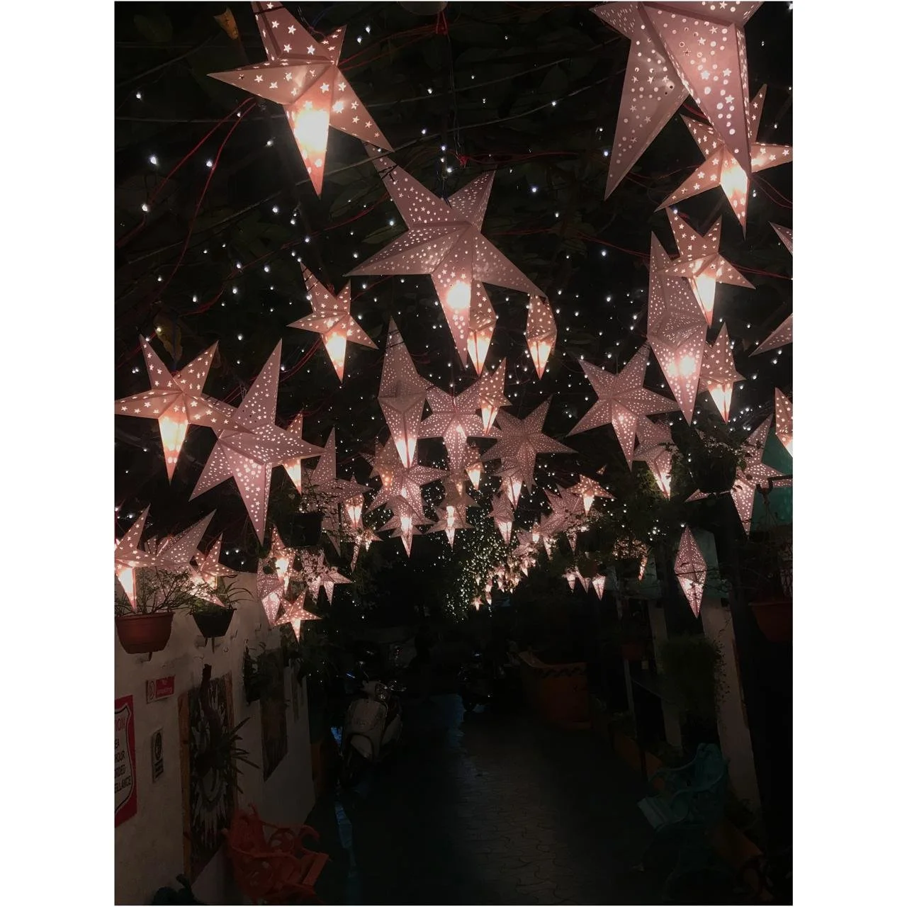 Night scene with numerous illuminated pink star-shaped lanterns hanging above a pathway, creating a festive atmosphere during nighttime.