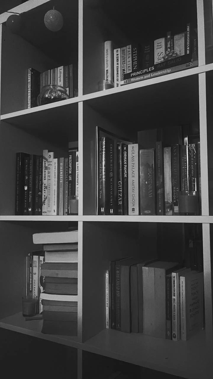 A bookshelf filled with books of various sizes and colors, with some decorative items, including a small globe and a spherical object, placed on the shelves.