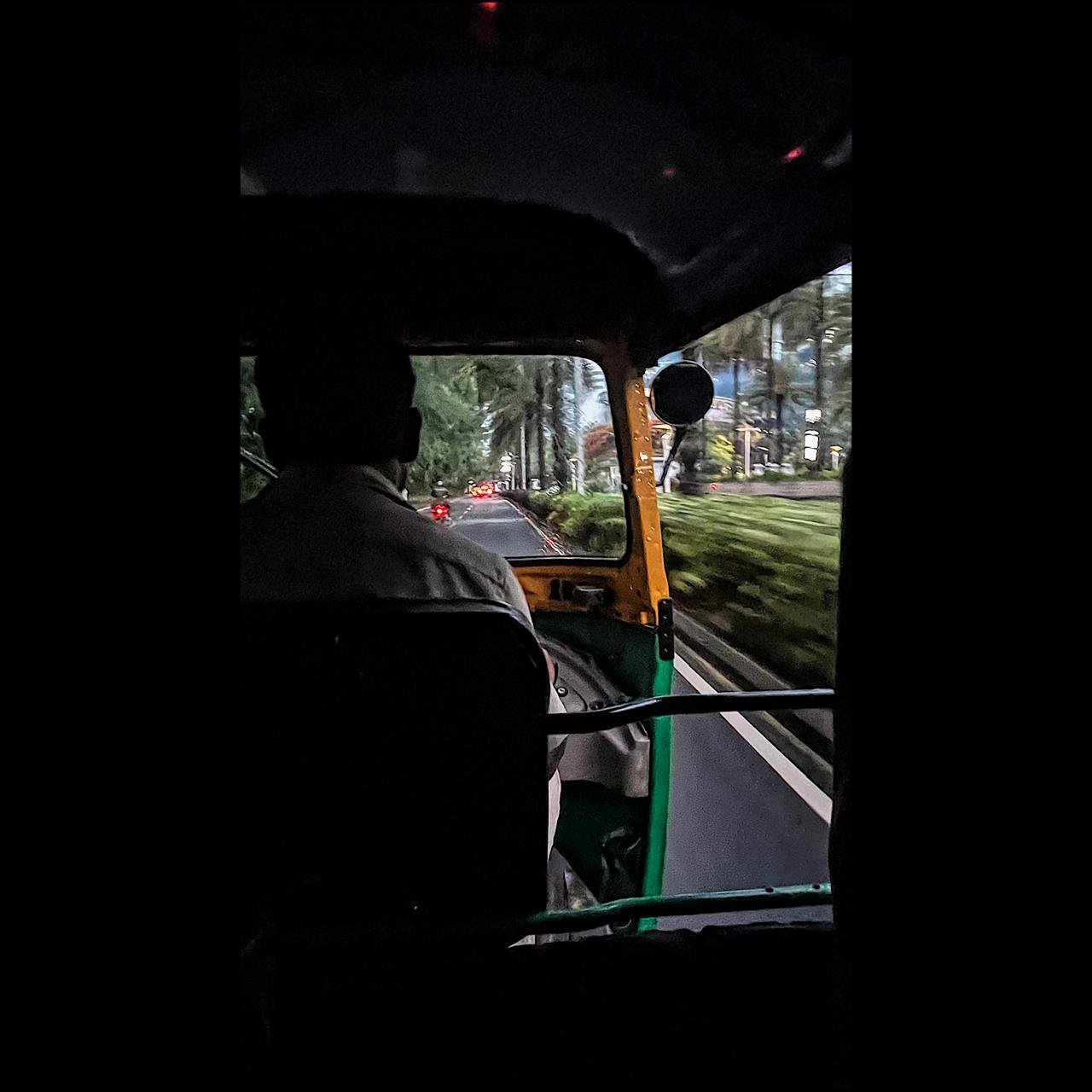 View from inside a vehicle showing the driver and the road ahead, with trees and buildings along the street during twilight, with taillights of other vehicles visible.