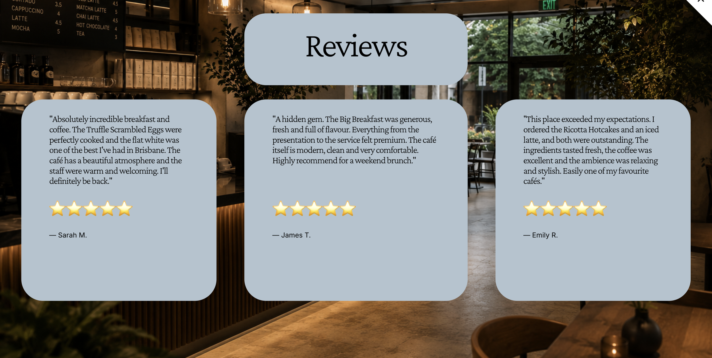Three customer reviews of a cafe, each with a five-star rating and quotes praising the atmosphere, food, and service, with names Sarah M., James T., and Emily R.