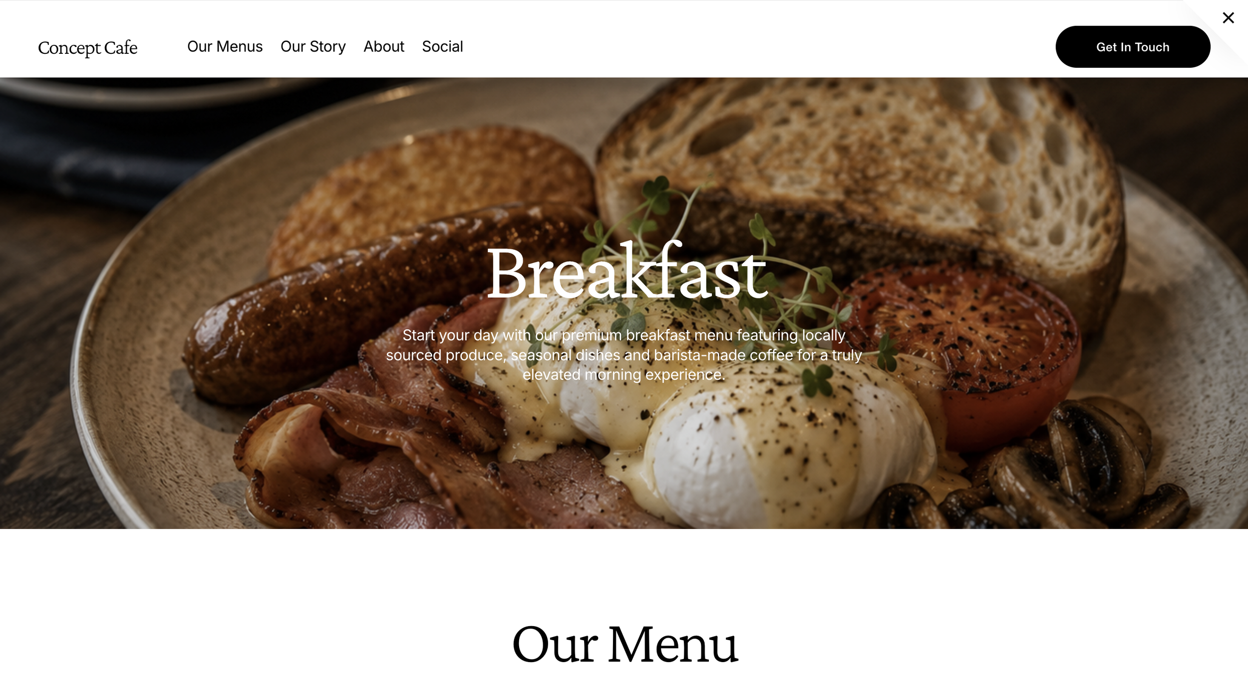 A plate of breakfast food including grilled tomato, poached eggs, bacon, mushrooms, toast, and herbs, with the text 'Breakfast' overlaid.
