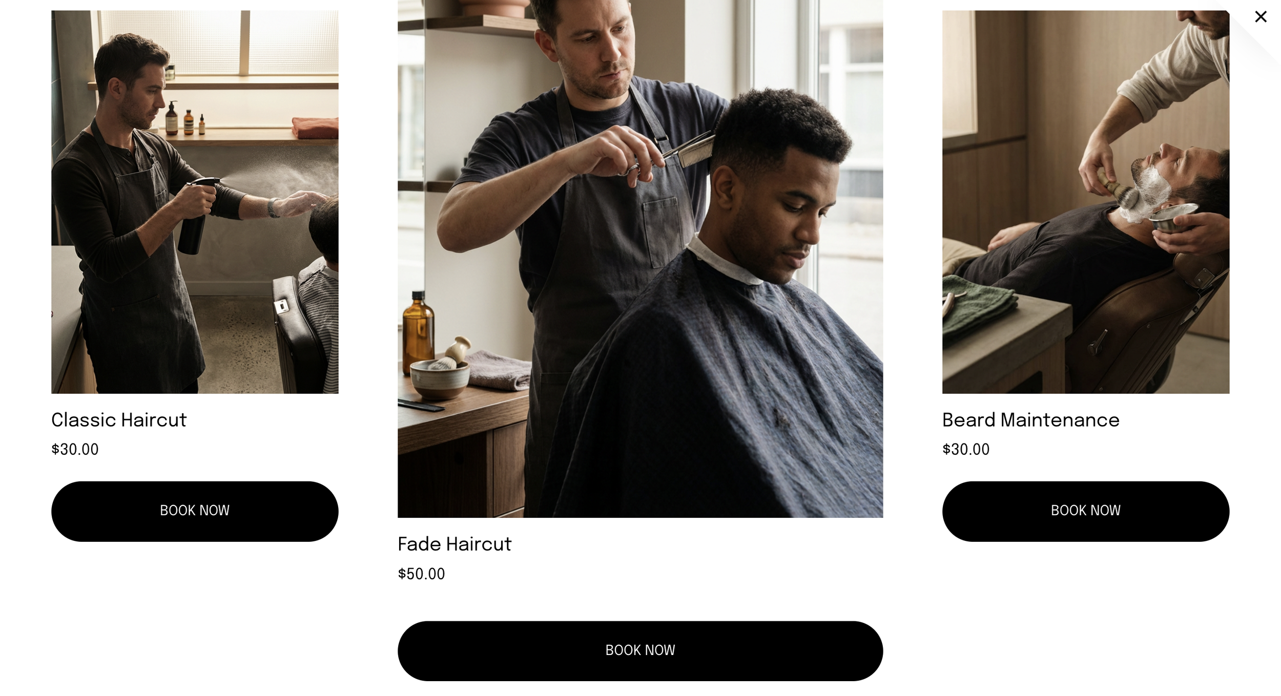 A collage of three photos showing different men's grooming services at a salon. The first photo shows a man receiving a classic haircut from a barber, who is spray-wetting his hair. The second photo depicts a man getting a fade haircut with a barber using scissors and a comb. The third photo features another man lying back in a chair, receiving a beard grooming or maintenance service, with a barber trimming his beard with scissors. Each service has a price listed and a booking button below.