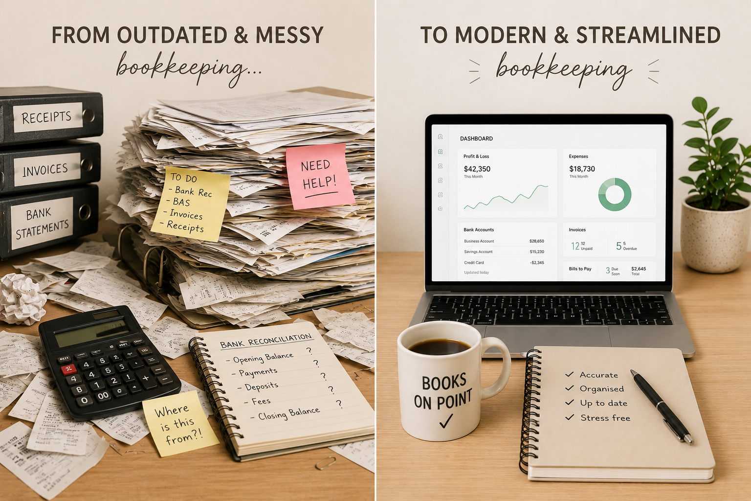 Before and after: messy paper bookkeeping versus a clean, modern Xero dashboard