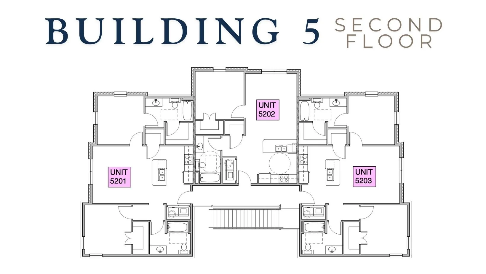 Park Place Apartments Building 5, second floor.  Each unit contains bedrooms, bathrooms, kitchens, and living areas. The units are symmetrically arranged around a central staircase.