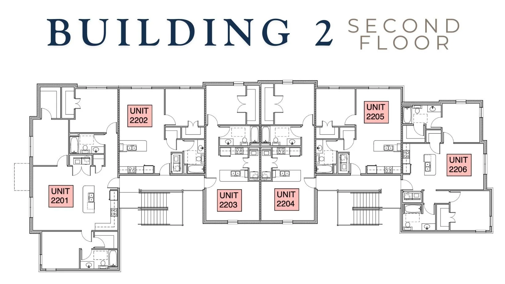 Park Place Apartments Building 2, second floor showing units 2201, 2202, 2203, 2204, 2205, and 2206, detailed layouts of apartments and common areas.