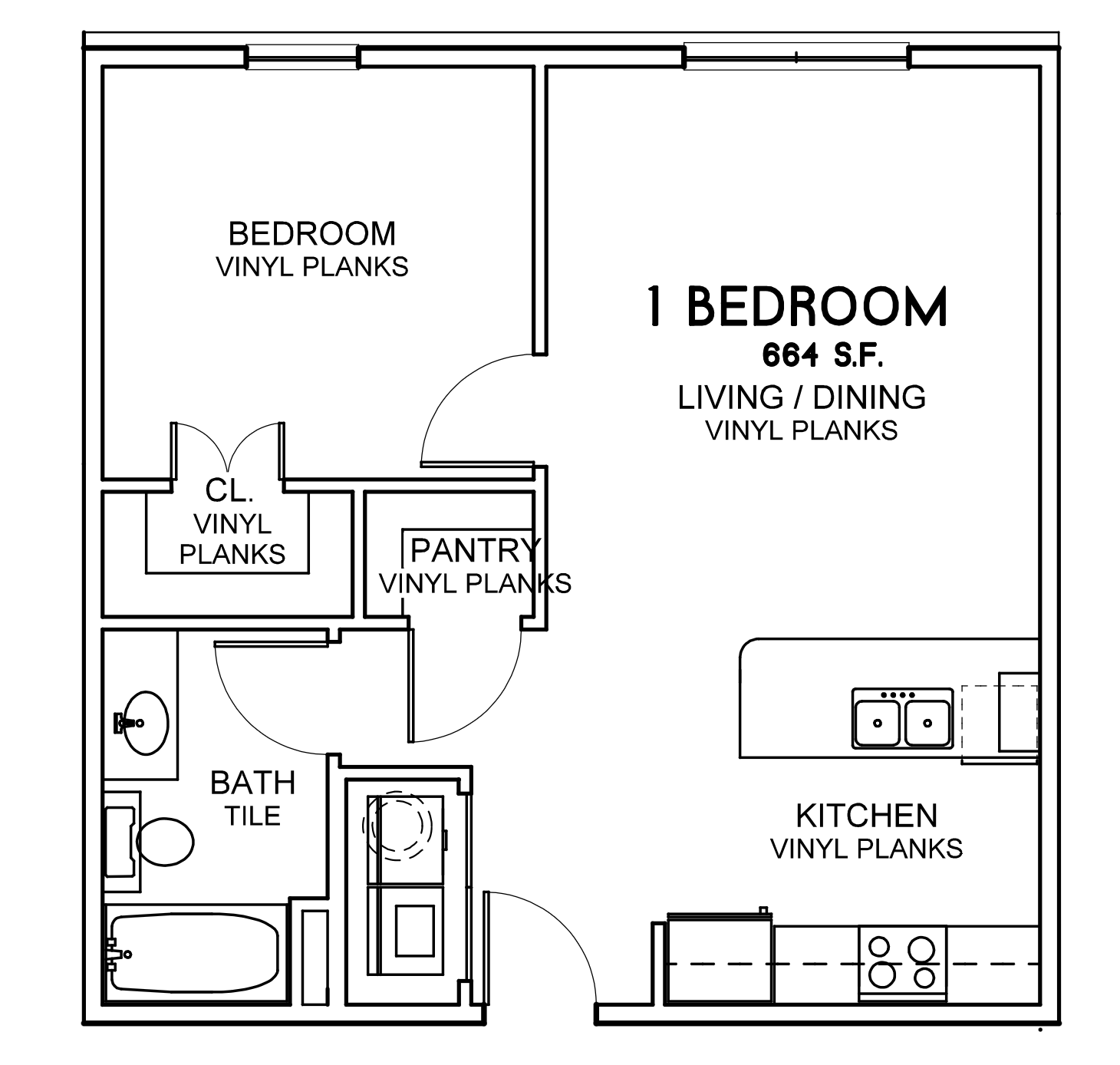 Park Place Apartments  in Ponder, Texas. Floor plan of a one-bedroom apartment showing a kitchen, living/dining area, bedroom, bathroom, closet, pantry, with vinyl plank floors.