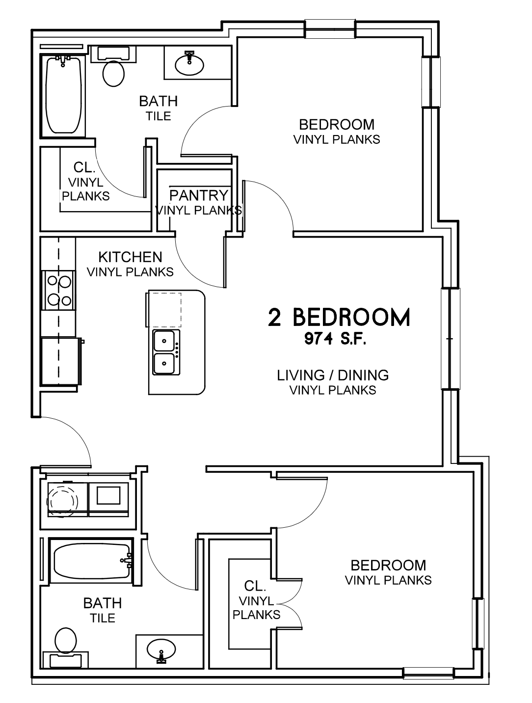 Park Place Apartments  in Ponder, Texas. Floor plan of a two-bedroom apartment with a living/dining area, two bathrooms, kitchen, closets, pantry, and bedrooms with vinyl plank flooring.