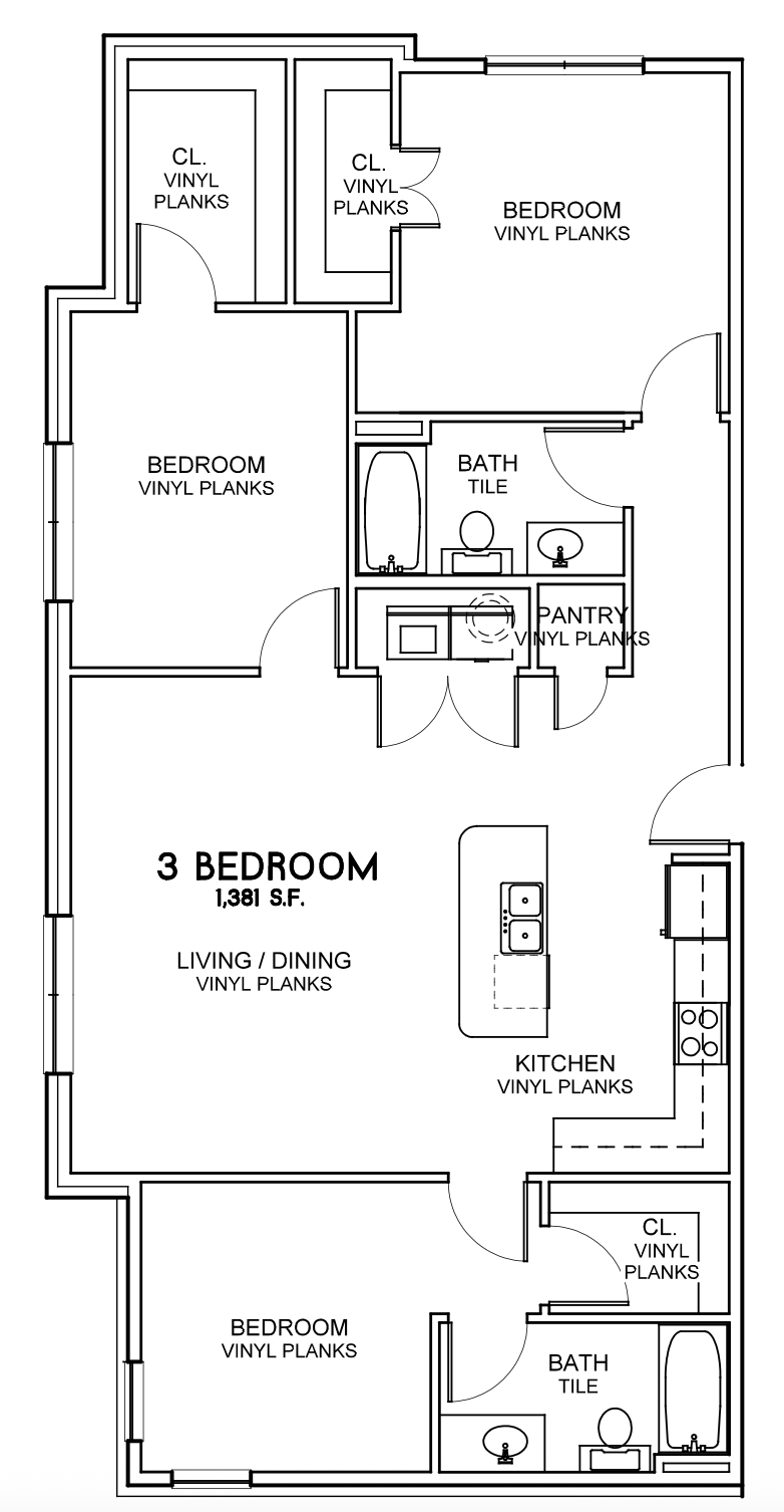 Park Place Apartments  in Ponder, Texas. Floor plan for a three-bedroom house. The layout includes a living and dining area, a kitchen with an island, three bedrooms, two bathrooms, closets, and a pantry, all with vinyl plank flooring.
