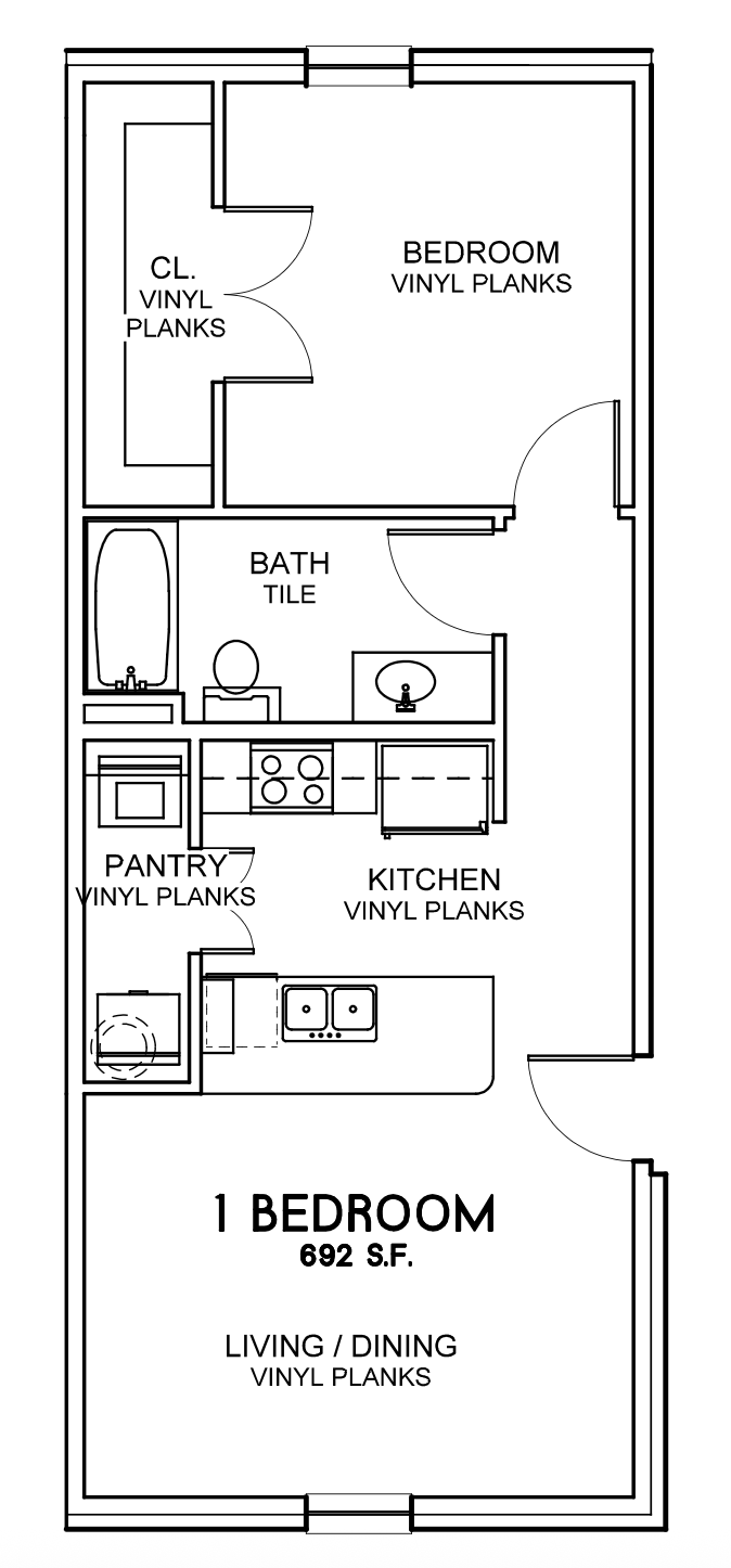 Park Place Apartments  in Ponder, Texas. Floor plan of a one-bedroom apartment with vinyl plank flooring in all rooms. It includes a living/dining area, kitchen, pantry, bathroom with a bathtub, bedroom with closet, and entry doors.
