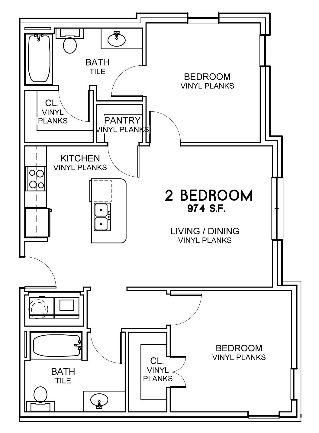 Park Place Apartments  in Ponder, Texas. Floor plan of a two-bedroom apartment with labeled rooms, including kitchens, bathrooms, bedrooms, living/dining area, pantry, and closets.