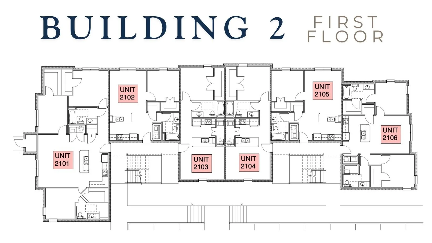 Park Place Apartments Building 2, first floor. Units (2101 to 2106) and detailed layouts of apartments and common areas.