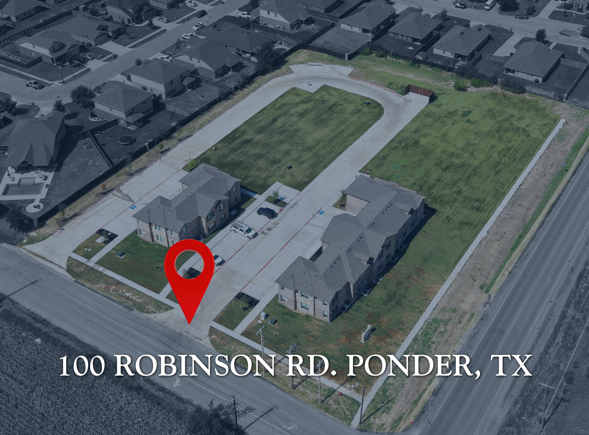 Aerial view of Park Place Apartments, located at 100 Robinson Rd., Ponder, TX.